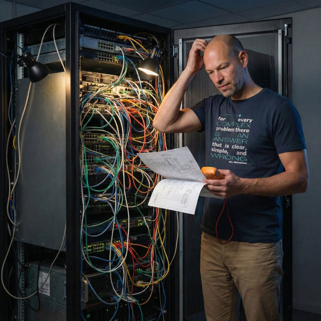 tričko COMPLEX PROBLEM – citát H.L. Mencken. Organická bavlna Stanley/Stella. Fleekfox. barva india ink grey